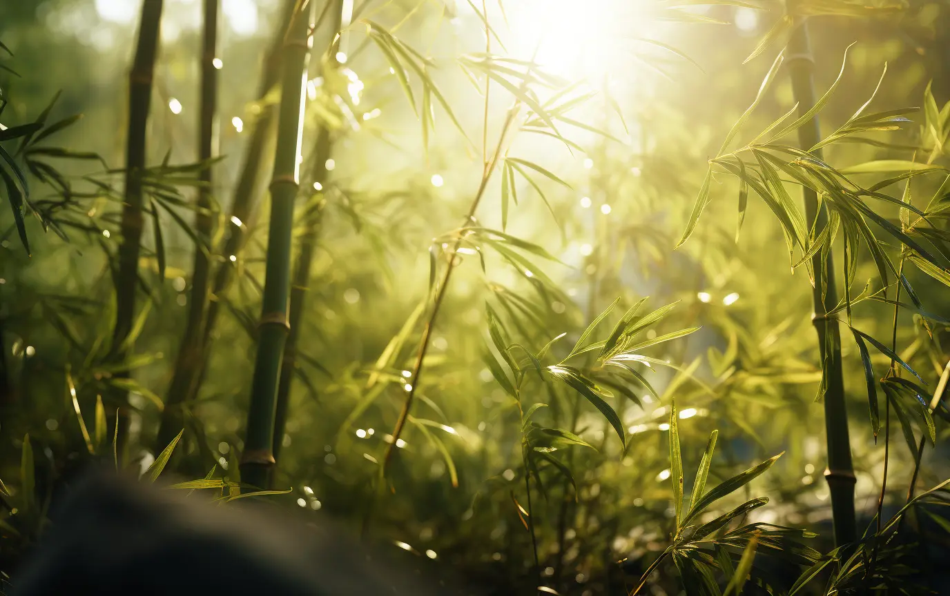 Sunlit bamboo grove with green stalks and leaves backlit by bright sunlight